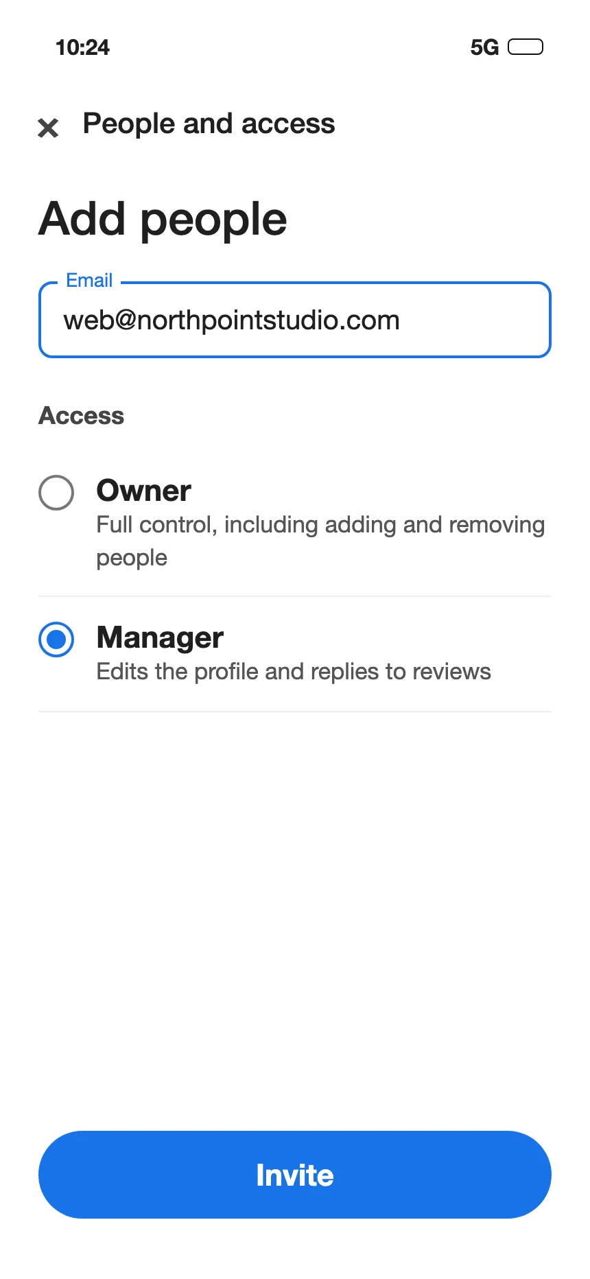 The Business Profile screen for adding people: an email address typed in and the Manager access level selected