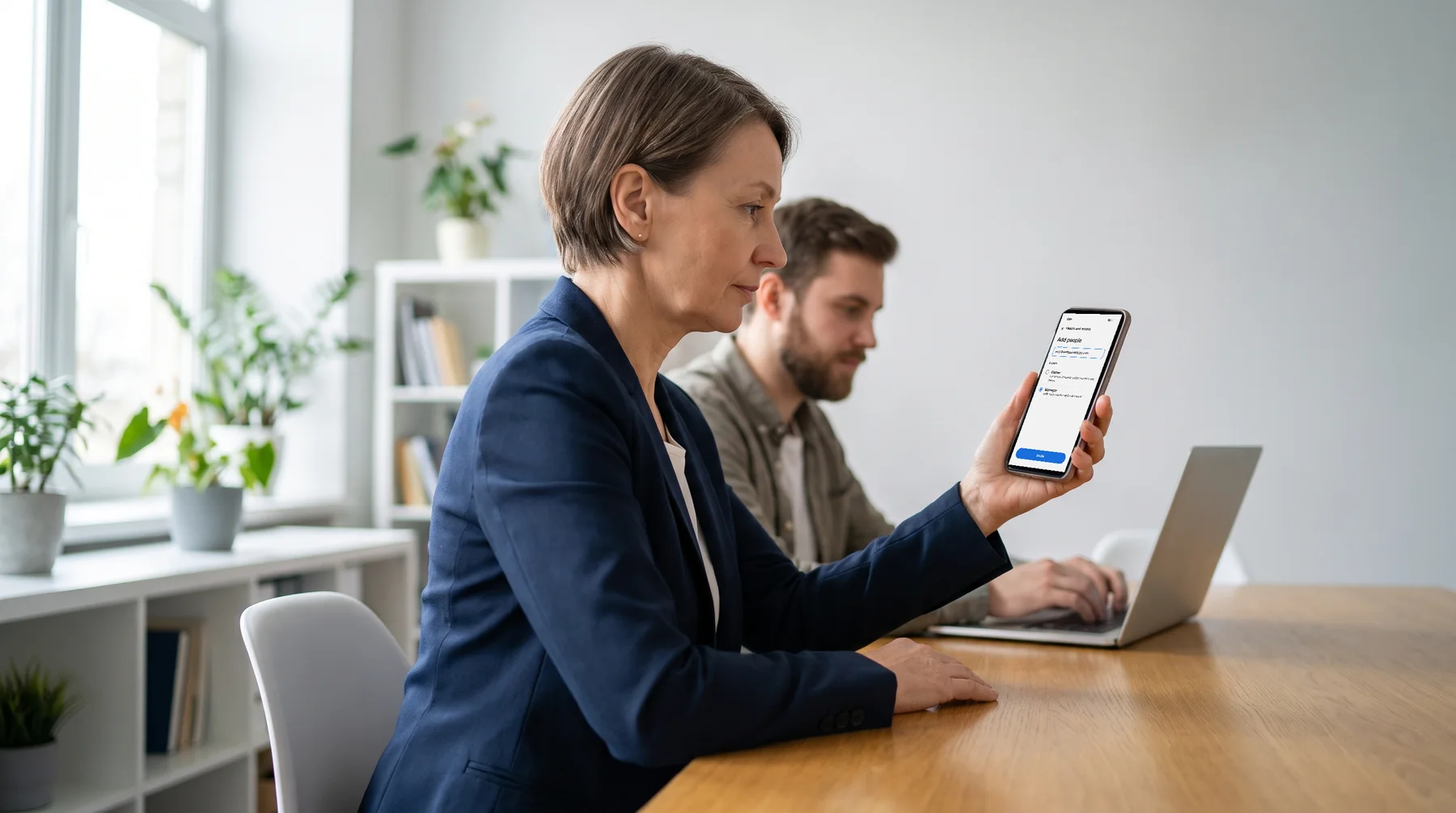 A business owner at her office table reads the People and access screen on her phone while a web designer works on a laptop beside her