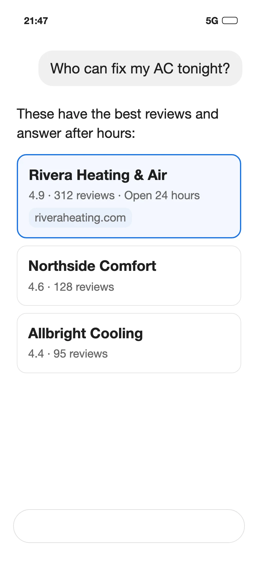 An AI assistant answering a local question with three businesses, one of them with its website cited
