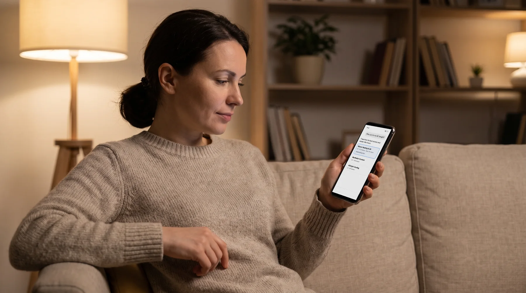 A homeowner on her sofa at night, reading an AI assistant's answer about who can fix her AC