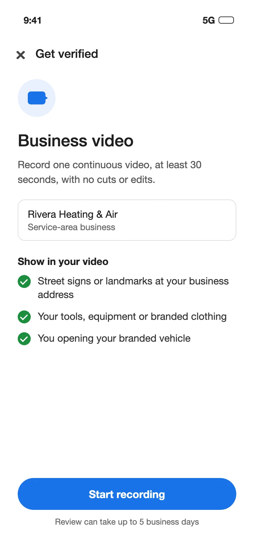 The Business video step on a phone: record one continuous video of at least 30 seconds, and a checklist of what to show