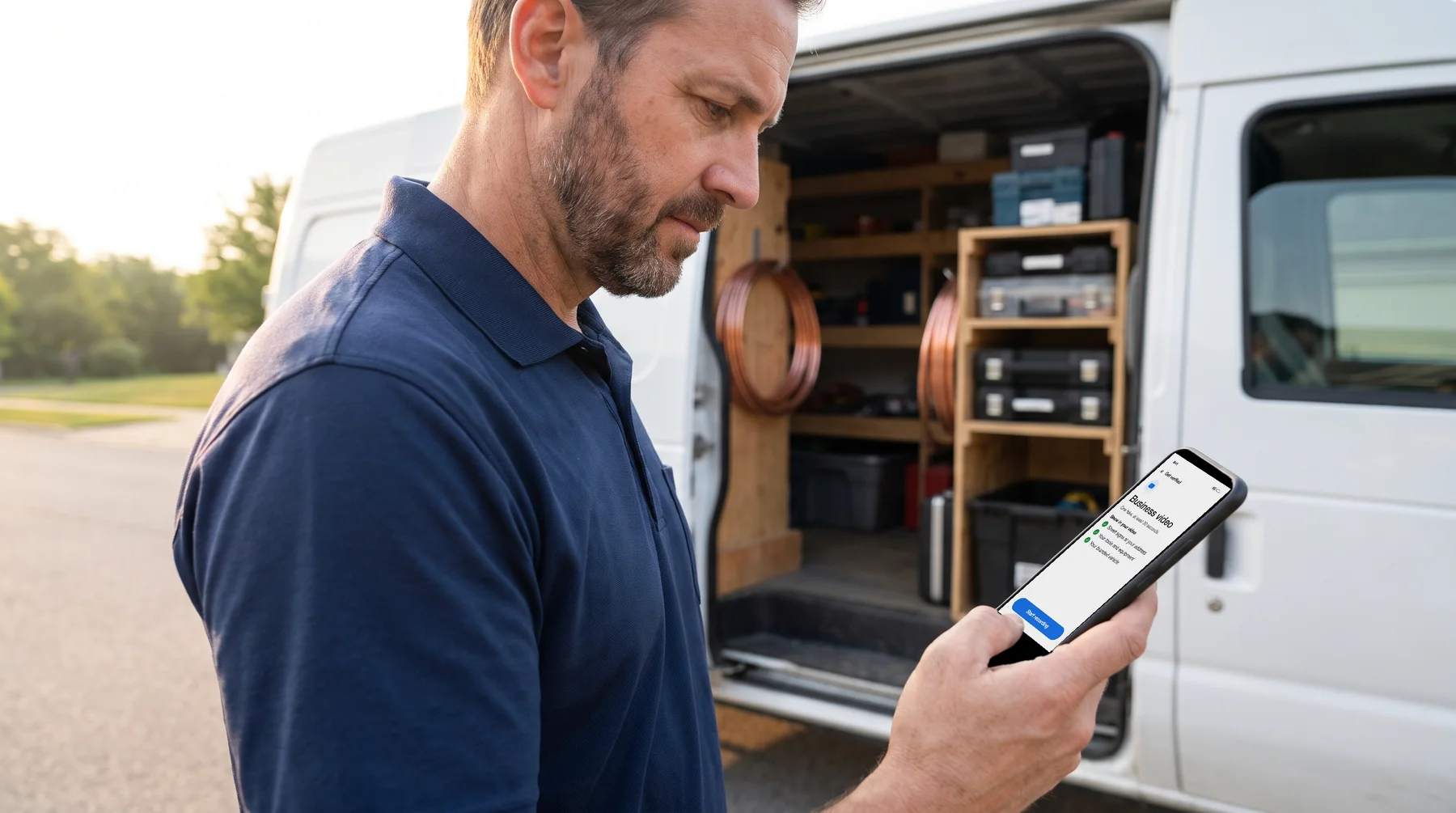 A heating and air conditioning owner beside his work van, reading the Business video verification screen on his phone