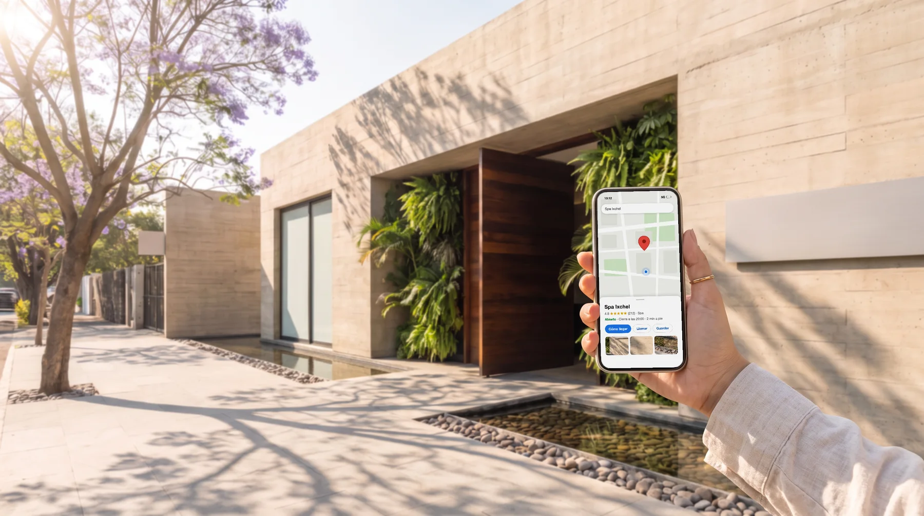 Una clienta llega a un spa siguiendo el mapa en su teléfono, que muestra el pin y la ficha del negocio
