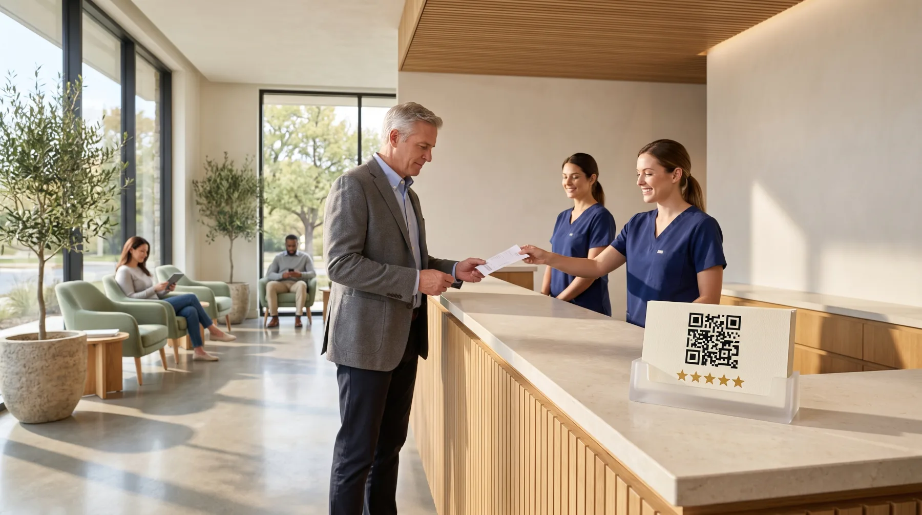A patient takes a receipt at the front desk of a modern dental practice, next to a card with a QR code and five stars