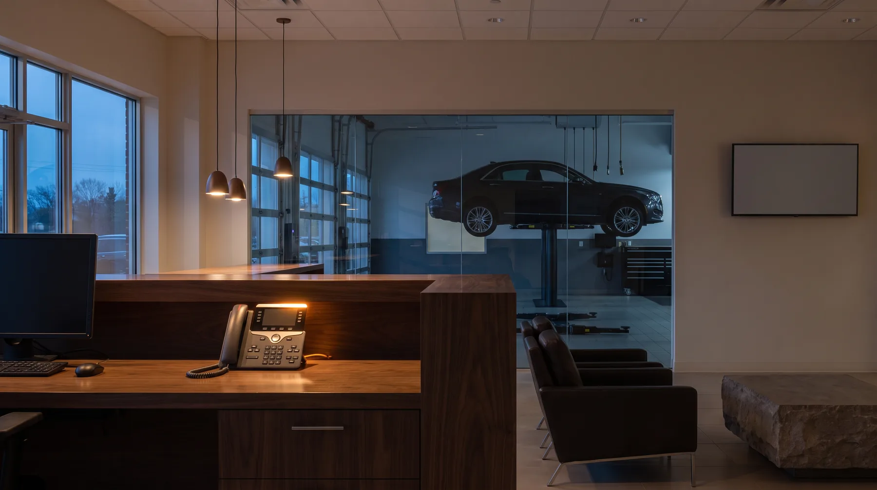 The empty reception of an auto service center after closing, a desk phone lit on the counter
